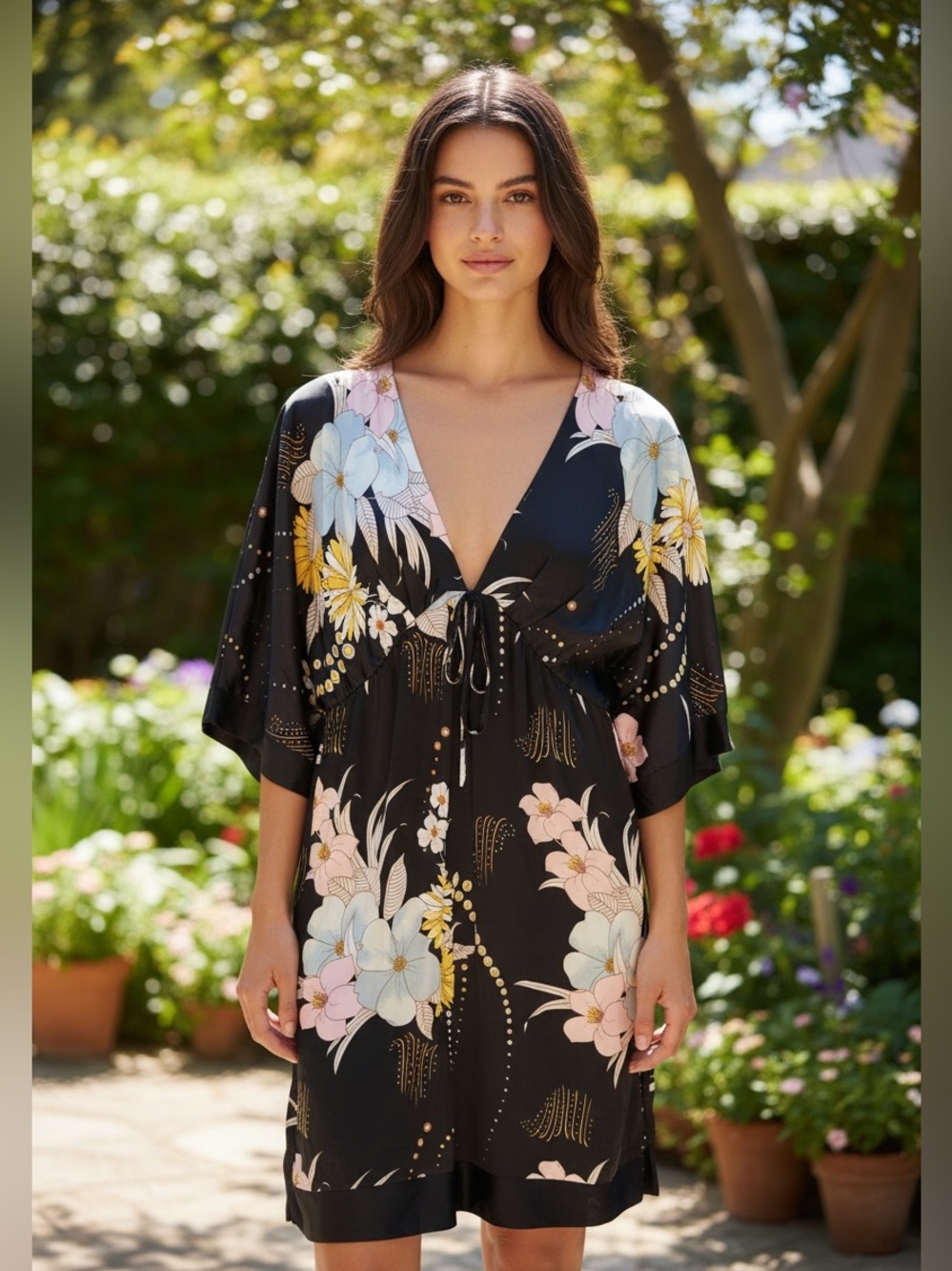 Yumi Kim Black Pink Floral Blossom Short Sleeve V-Neck Silky Dress M